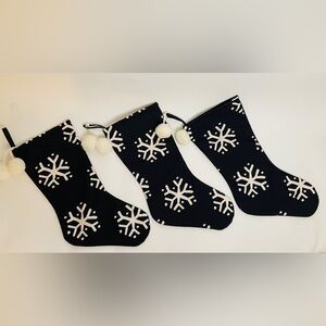 Set of 3 Christmas Stockings Black and White Snowflake with PomPom